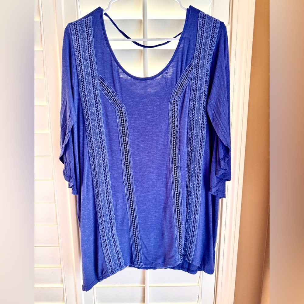 Kori America Royal Blue Crochet Lace Flutter Sleeve Tiered Back Boho Top L L5211